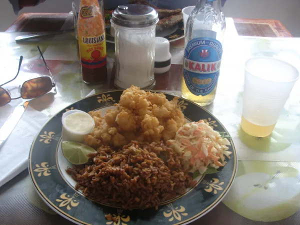 Grand Bahama plate of cracked conch with peas and rice