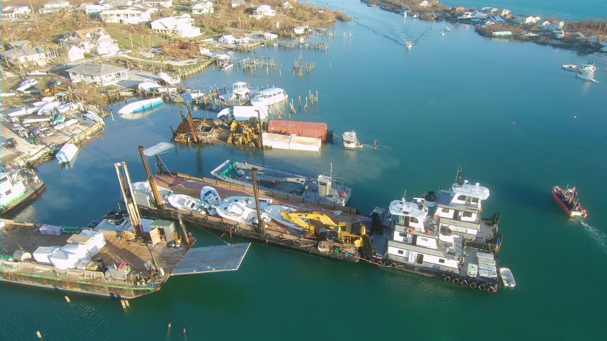Aerial view of the protected harbour and boat yards of Man-O-War Cay, Abaco, Bahamas