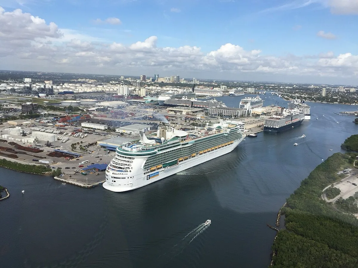 Aerial view of Port Everglades in Fort Lauderdale with cruise and cargo berths along the Intracoastal waterway