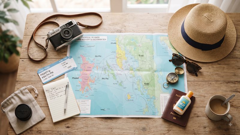 Travel planning flat-lay with island map, vintage camera, straw hat and sunglasses