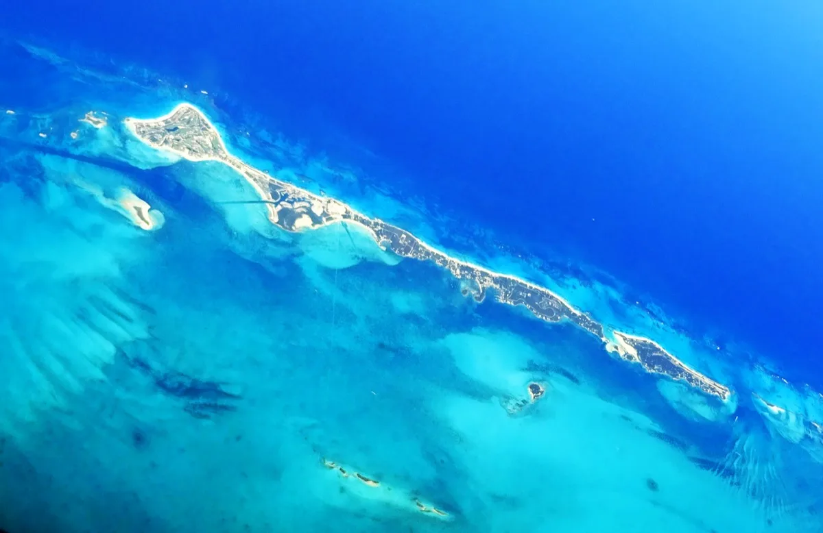 Aerial view of Great Guana Cay and its long Atlantic-side beach, Abaco, Bahamas