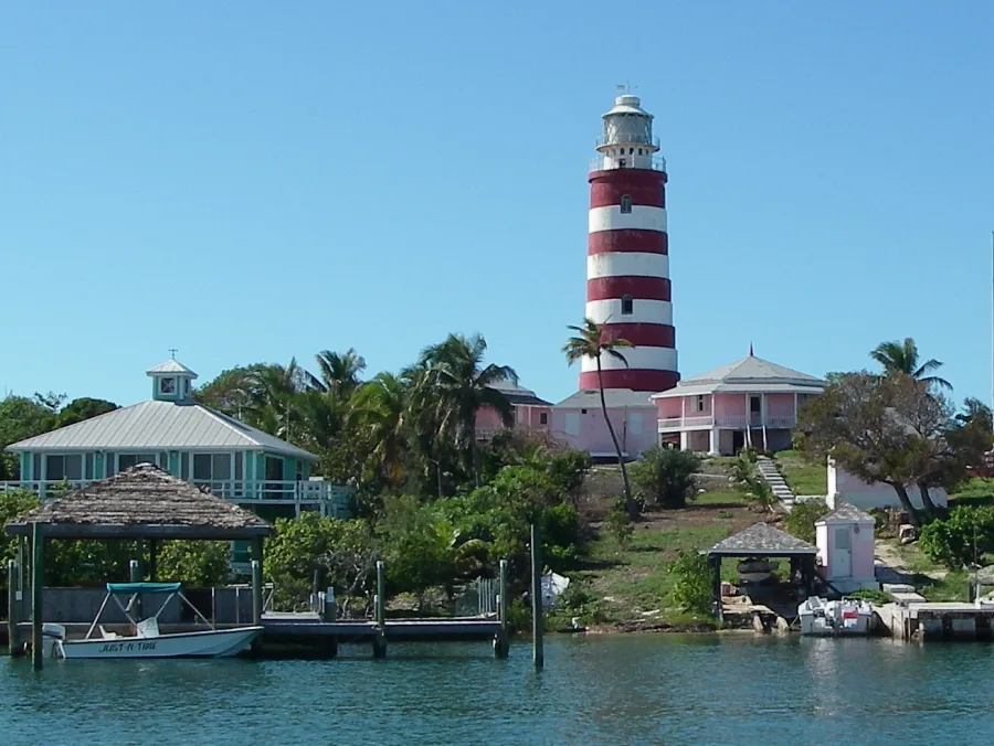 The red-and-white candy-striped Elbow Reef Lighthouse at Hope Town, Elbow Cay, Bahamas