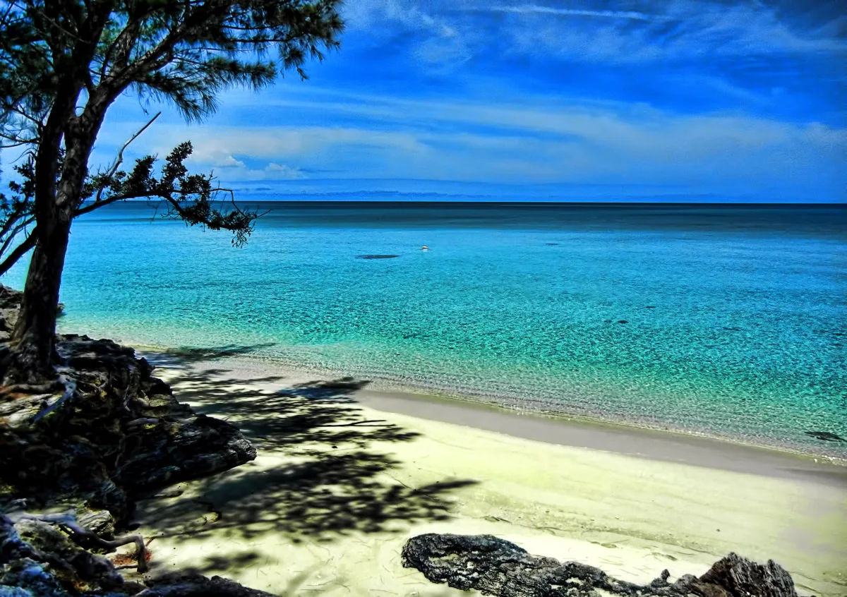 Atlantic-side beach with waves at Current, northern Eleuthera near Spanish Wells