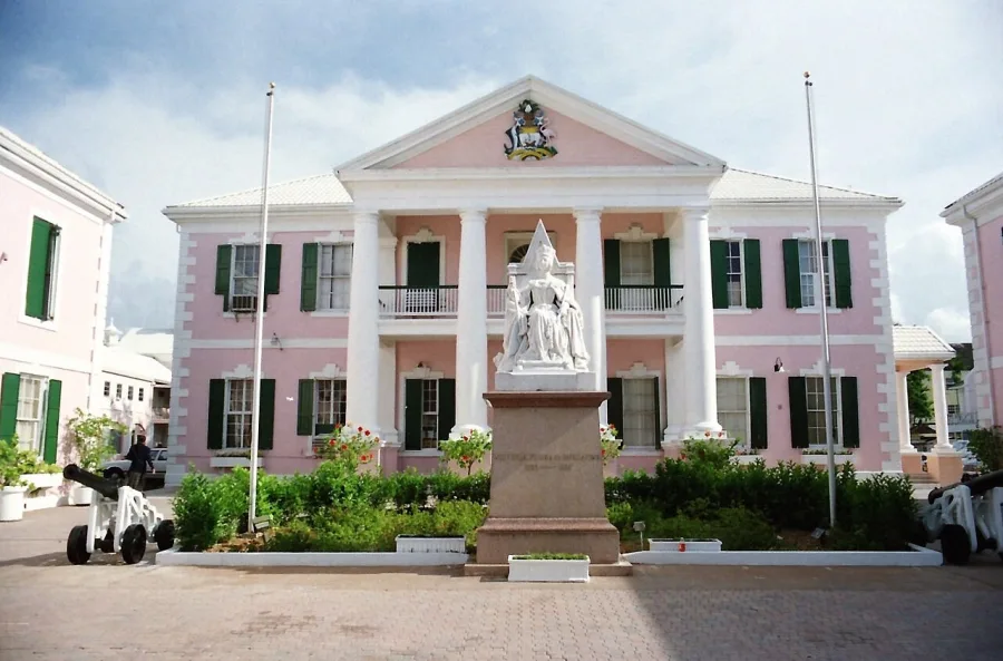 Pink colonial government buildings at Parliament Square, Nassau, Bahamas